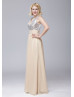 V Neck Sliver Sequin Champagne Chiffon Maxi Bridesmaid Dress